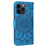 iPhone 15 Pro Max Leather Case with Wallet and Strap - Mandala Flower - Blue