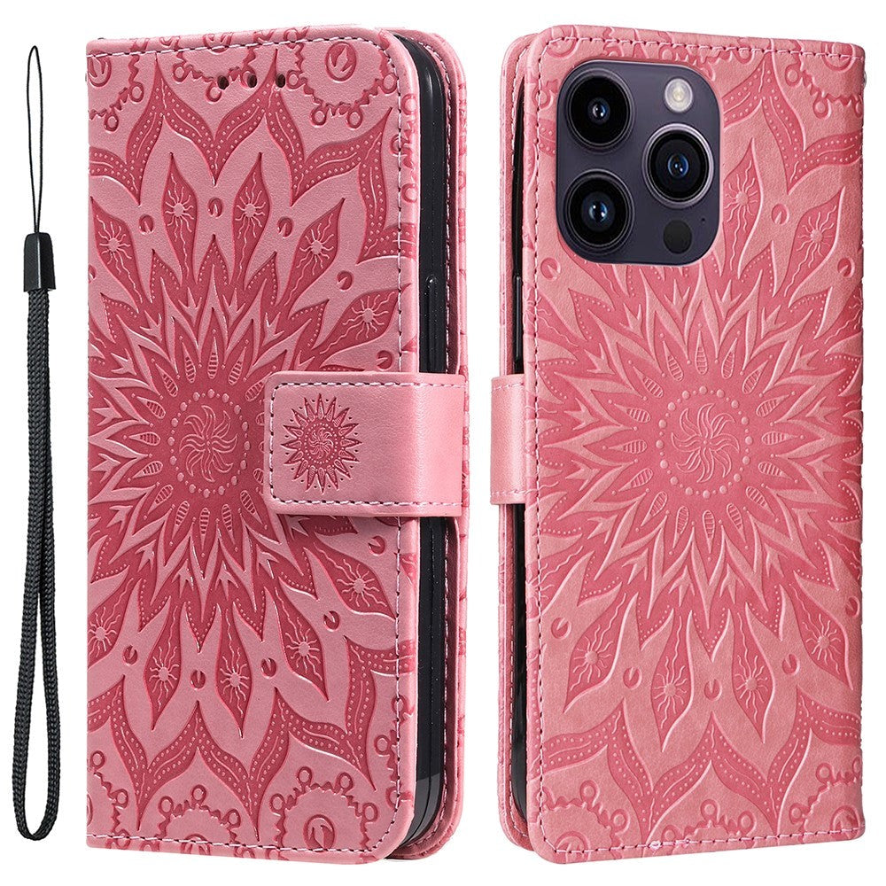 iPhone 15 Pro Max Leather Case with Wallet and Strap - Mandala Flower - Pink