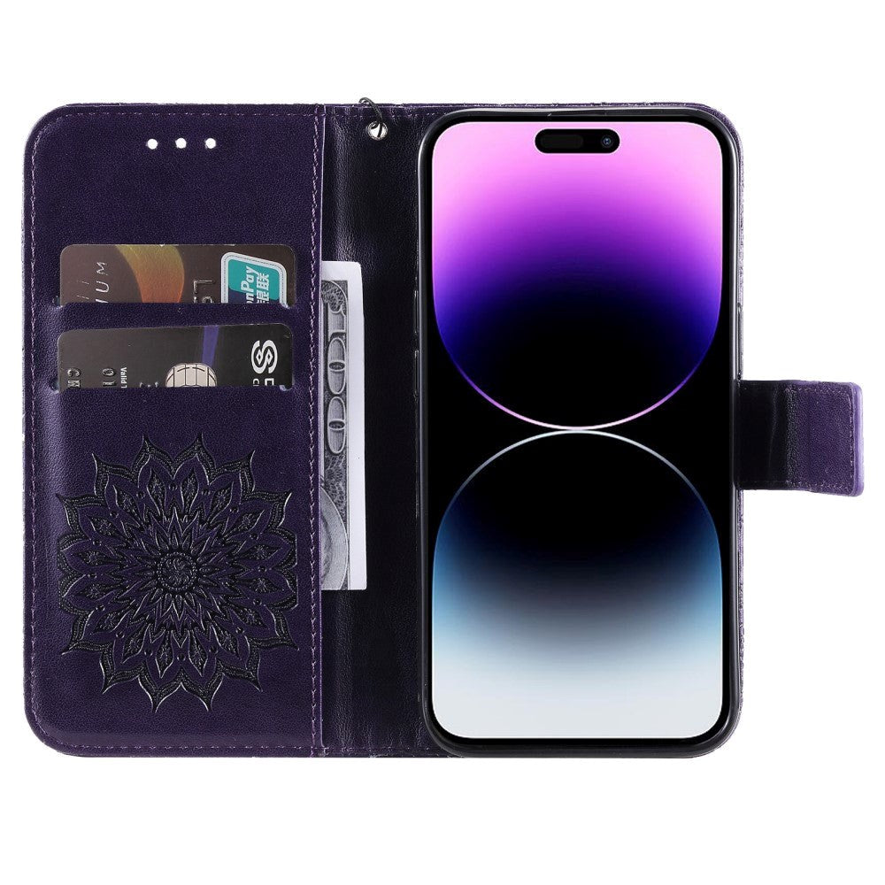 iPhone 15 Pro Max Leather Case with Wallet and Strap - Mandala Flower - Purple