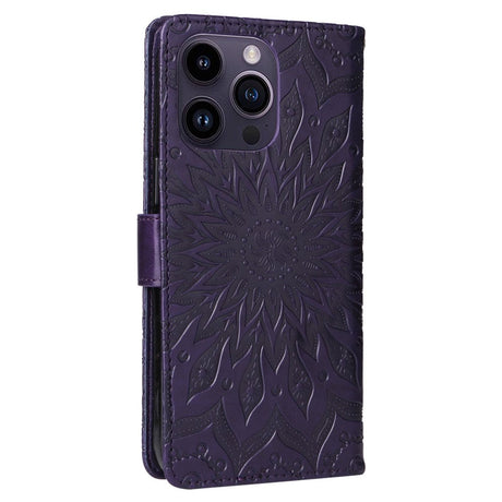 iPhone 15 Pro Max Leather Case with Wallet and Strap - Mandala Flower - Purple