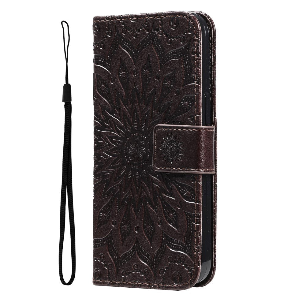 iPhone 15 Pro Max Leather Case with Wallet and Strap - Mandala Flower - Brown