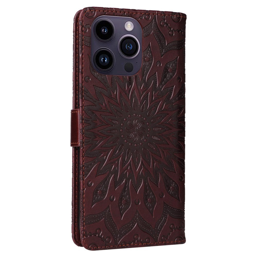 iPhone 15 Pro Max Leather Case with Wallet and Strap - Mandala Flower - Brown