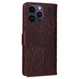 iPhone 15 Pro Max Leather Case with Wallet and Strap - Mandala Flower - Brown