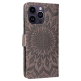 iPhone 15 Pro Max Leather Case with Wallet and Strap - Mandala Flower - Grey