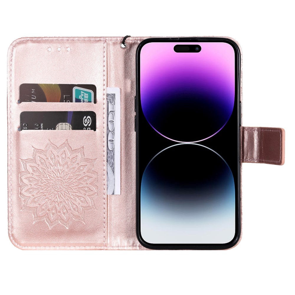 iPhone 15 Pro Max Leather Case with Wallet and Strap - Mandala Flower - Rose Gold