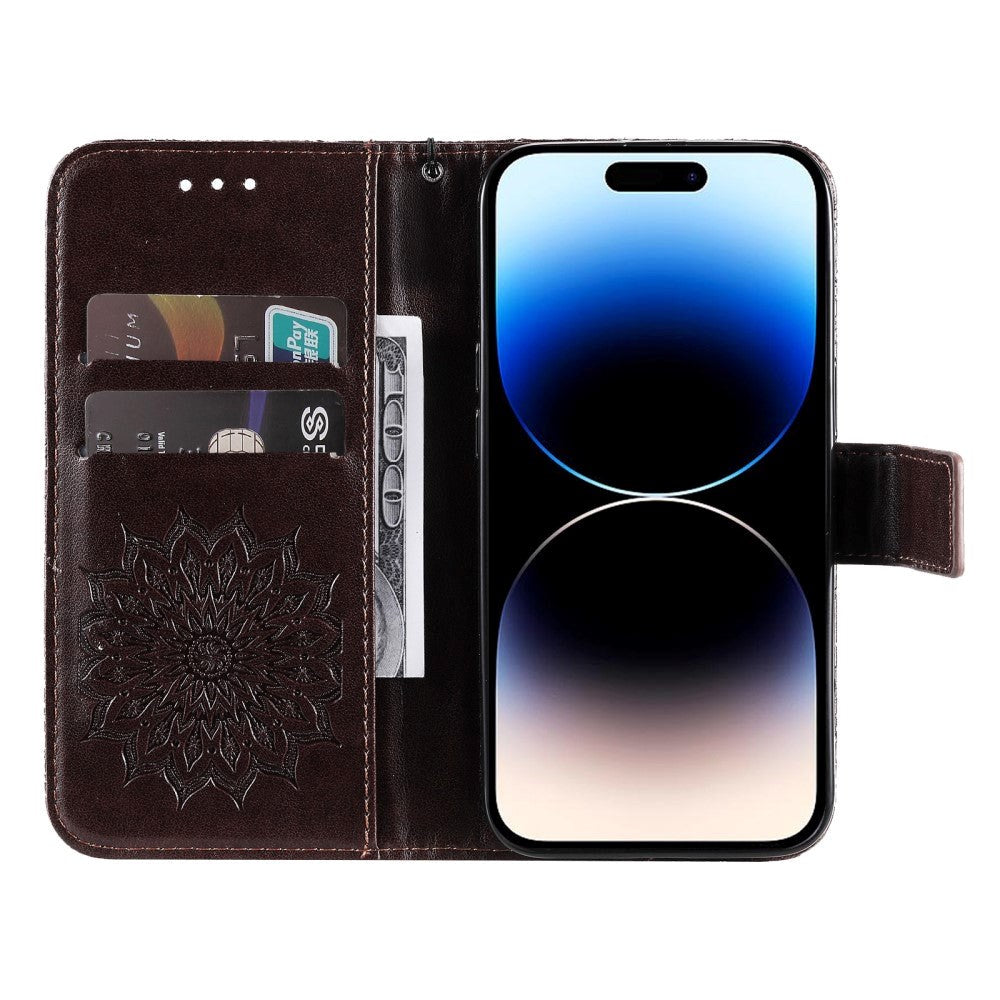 iPhone 15 Pro Leather Case with Wallet and Strap - Mandala Flower - Dark Brown