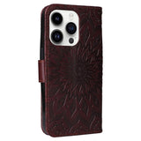 iPhone 15 Pro Leather Case with Wallet and Strap - Mandala Flower - Dark Brown