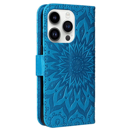 iPhone 15 Pro Leather Case with Wallet and Strap - Mandala Flower - Blue