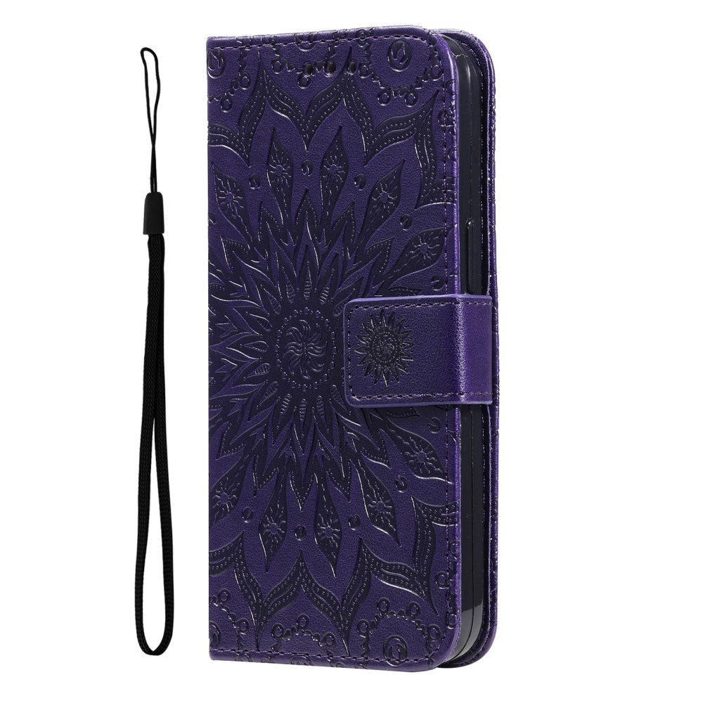 iPhone 15 Pro Leather Case with Wallet and Strap - Mandala Flower - Purple