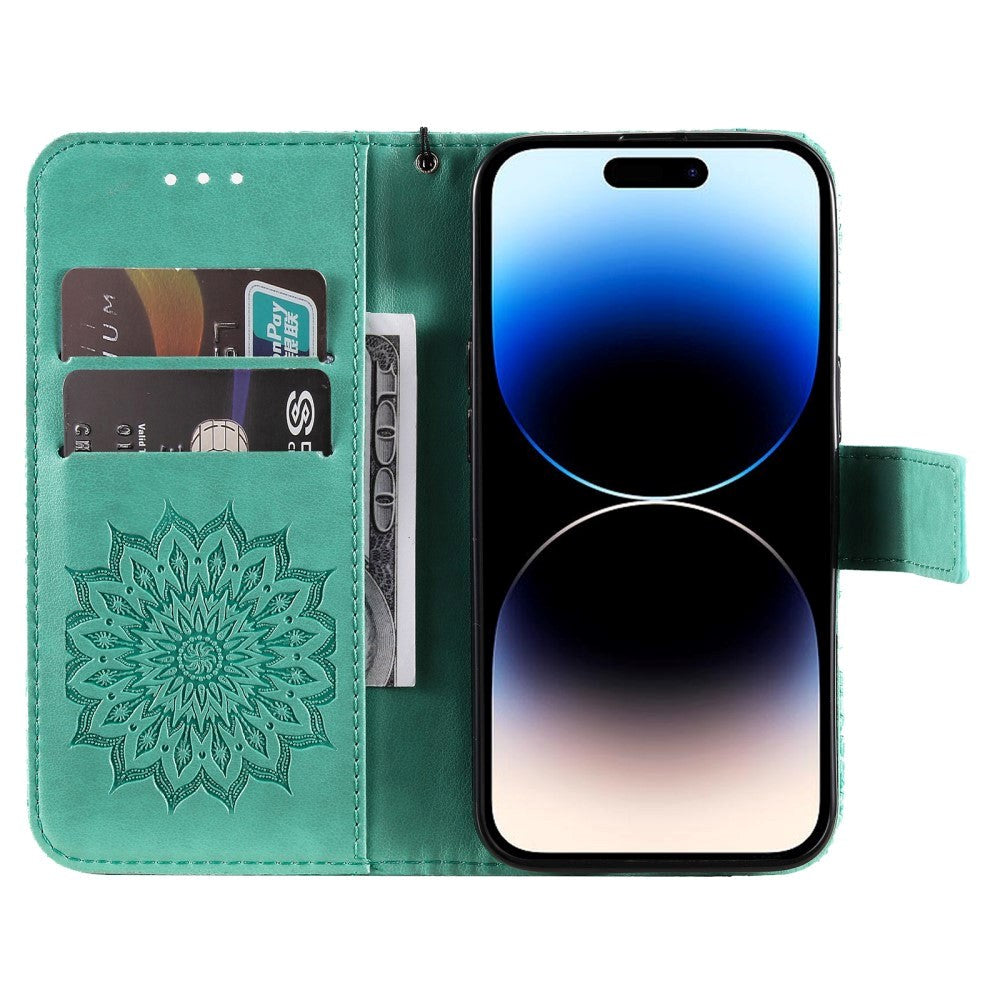 iPhone 15 Pro Leather Case with Wallet and Strap - Mandala Flower - Green