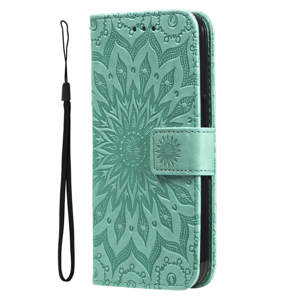 iPhone 15 Pro Leather Case with Wallet and Strap - Mandala Flower - Green