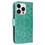 iPhone 15 Pro Leather Case with Wallet and Strap - Mandala Flower - Green