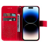 iPhone 15 Pro Leather Case with Wallet and Strap - Mandala Flower - Red