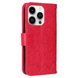 iPhone 15 Pro Leather Case with Wallet and Strap - Mandala Flower - Red