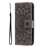 iPhone 15 Pro Leather Case with Wallet and Strap - Mandala Flower - Brown