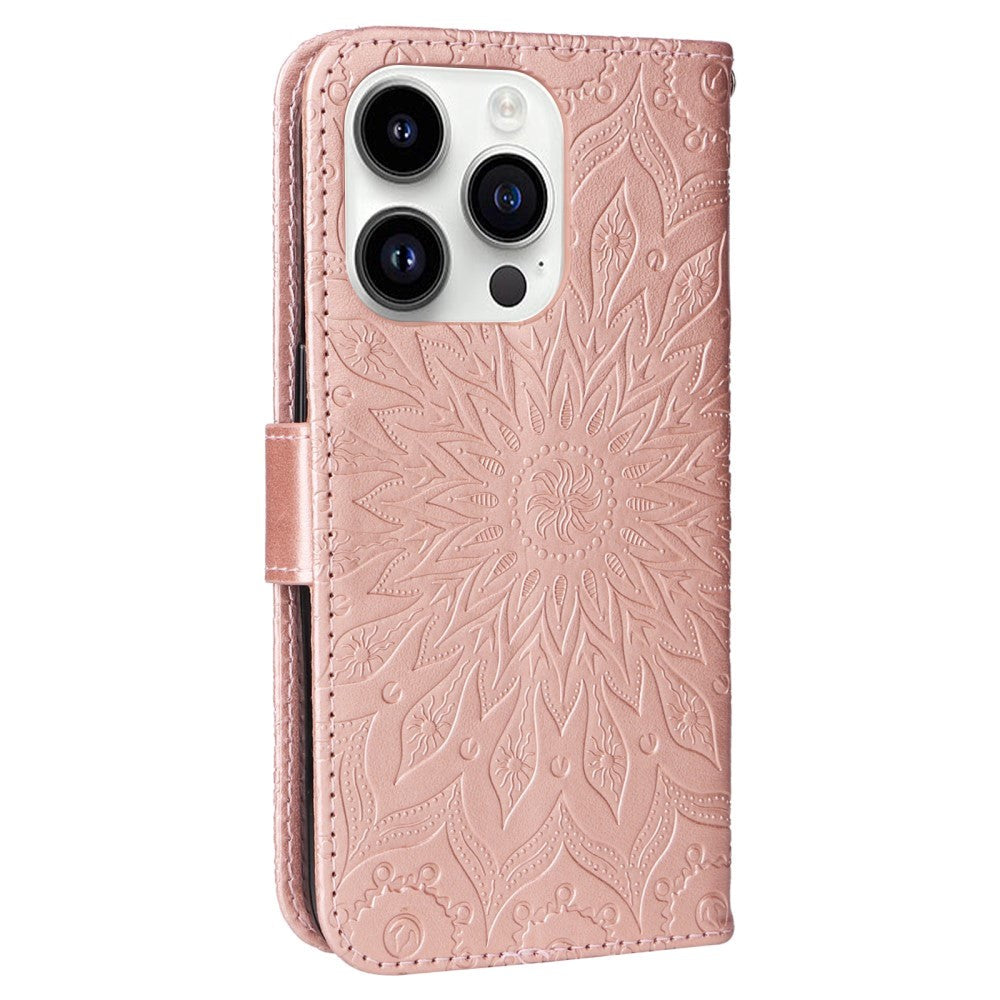 iPhone 15 Pro Leather Case with Wallet and Strap - Mandala Flower - Rose Gold