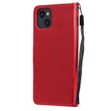 iPhone 15 Leather Flip Case with Wallet and Strap - Cat Engraving - Red