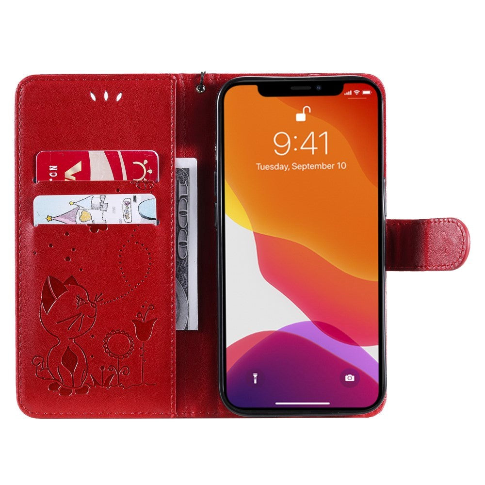 iPhone 15 Leather Flip Case with Wallet and Strap - Cat Engraving - Red