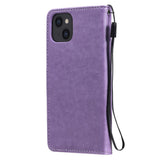 iPhone 15 Leather Flip Case with Wallet and Strap - Cat Engraving - Purple