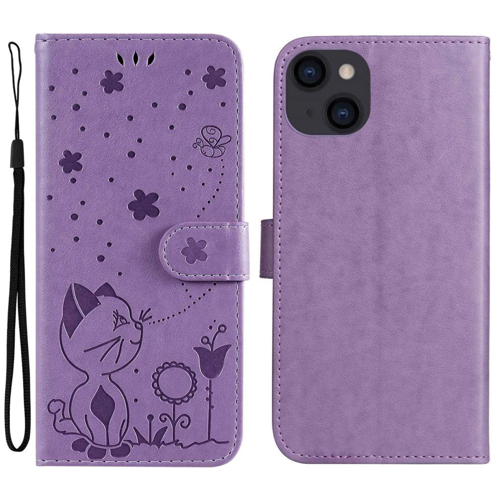 iPhone 15 Leather Flip Case with Wallet and Strap - Cat Engraving - Purple