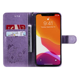 iPhone 15 Leather Flip Case with Wallet and Strap - Cat Engraving - Purple