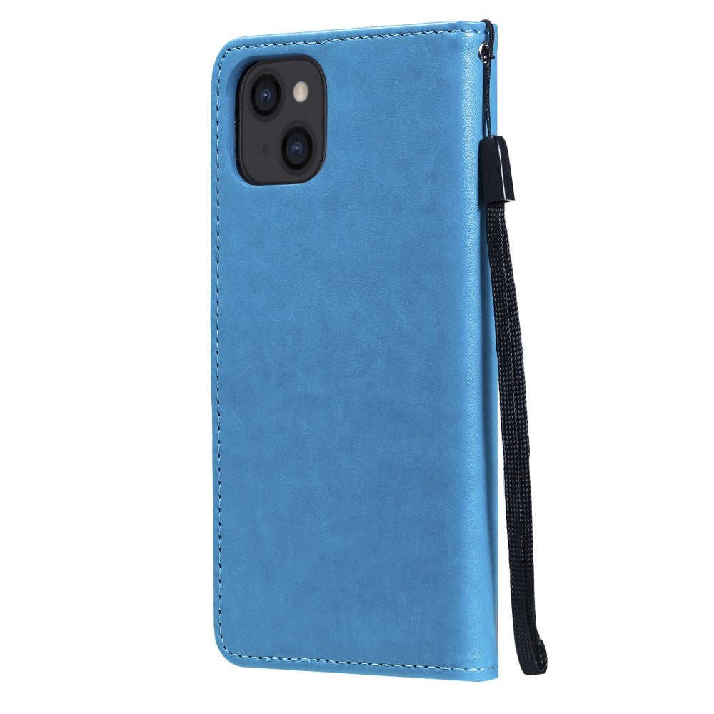 iPhone 15 Leather Flip Case with Wallet and Strap - Cat Engraving - Blue