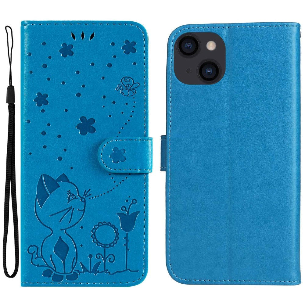 iPhone 15 Leather Flip Case with Wallet and Strap - Cat Engraving - Blue