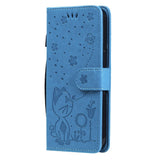 iPhone 15 Leather Flip Case with Wallet and Strap - Cat Engraving - Blue