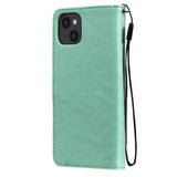 iPhone 15 Leather Flip Case with Wallet and Strap - Cat Engraving - Green