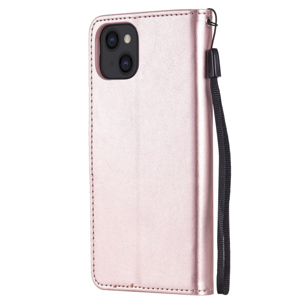 iPhone 15 Leather Flip Case with Wallet and Strap - Cat Engraving - Rose Gold