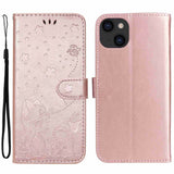 iPhone 15 Leather Flip Case with Wallet and Strap - Cat Engraving - Rose Gold