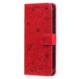 iPhone 15 Pro Leather Flip Case with Wallet and Strap - Cat Engraving - Red