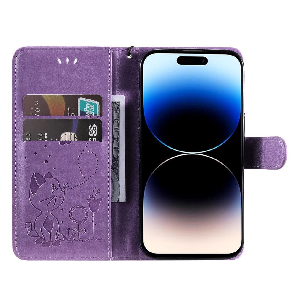 iPhone 15 Pro Leather Flip Case with Wallet and Strap - Cat Engraving - Purple