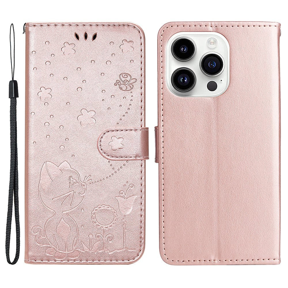 iPhone 15 Pro Leather Flip Case with Wallet and Strap - Cat Engraving - Rose Gold