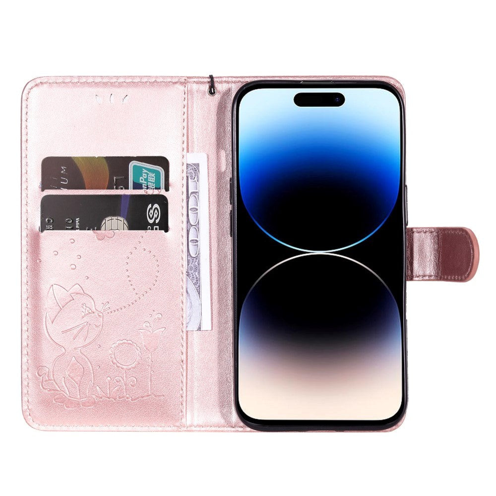 iPhone 15 Pro Leather Flip Case with Wallet and Strap - Cat Engraving - Rose Gold