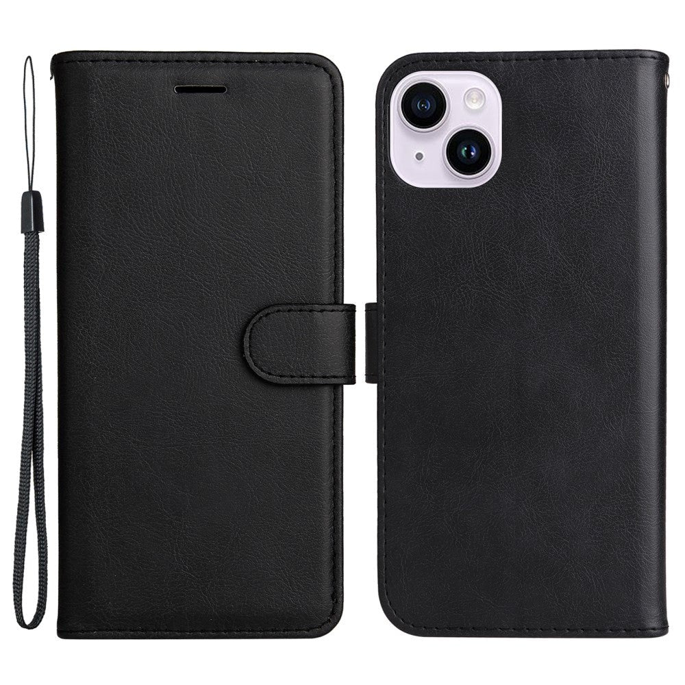 iPhone 15 Plus Leather Flip Case with Wallet and Strap - Black