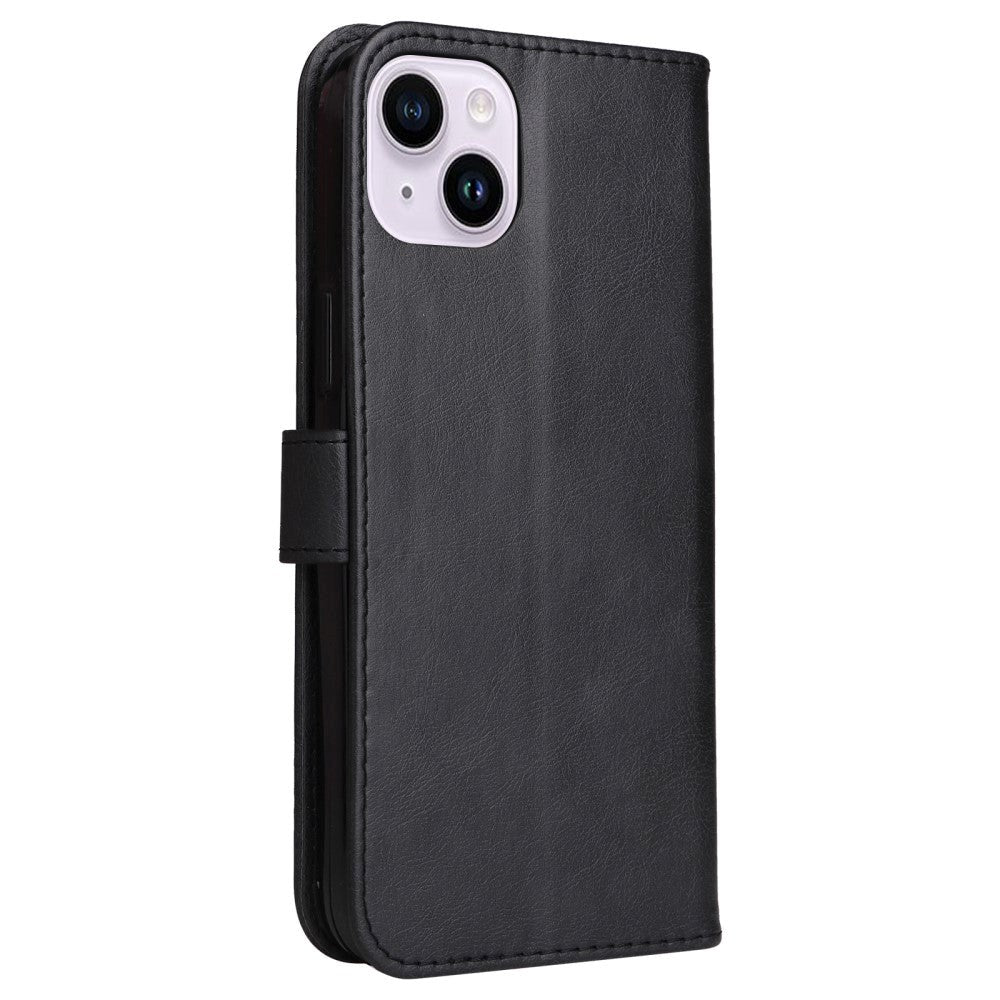 iPhone 15 Plus Leather Flip Case with Wallet and Strap - Black