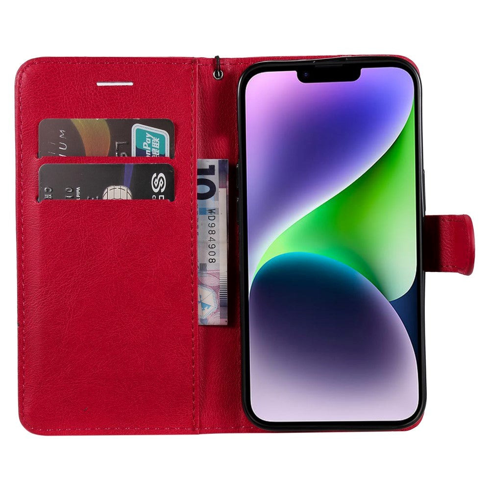 iPhone 15 Plus Leather Flip Case with Wallet and Strap - Red