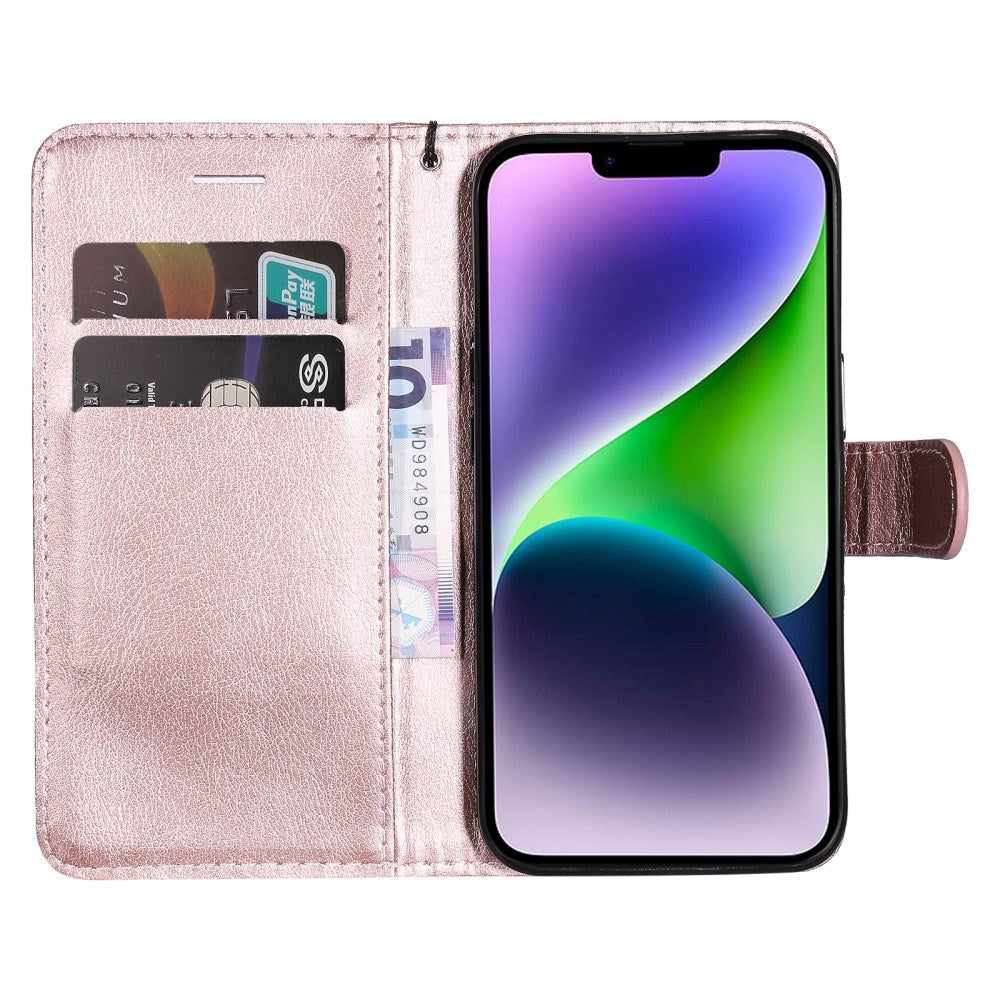 iPhone 15 Plus Leather Flip Case with Wallet and Strap - Rose Gold