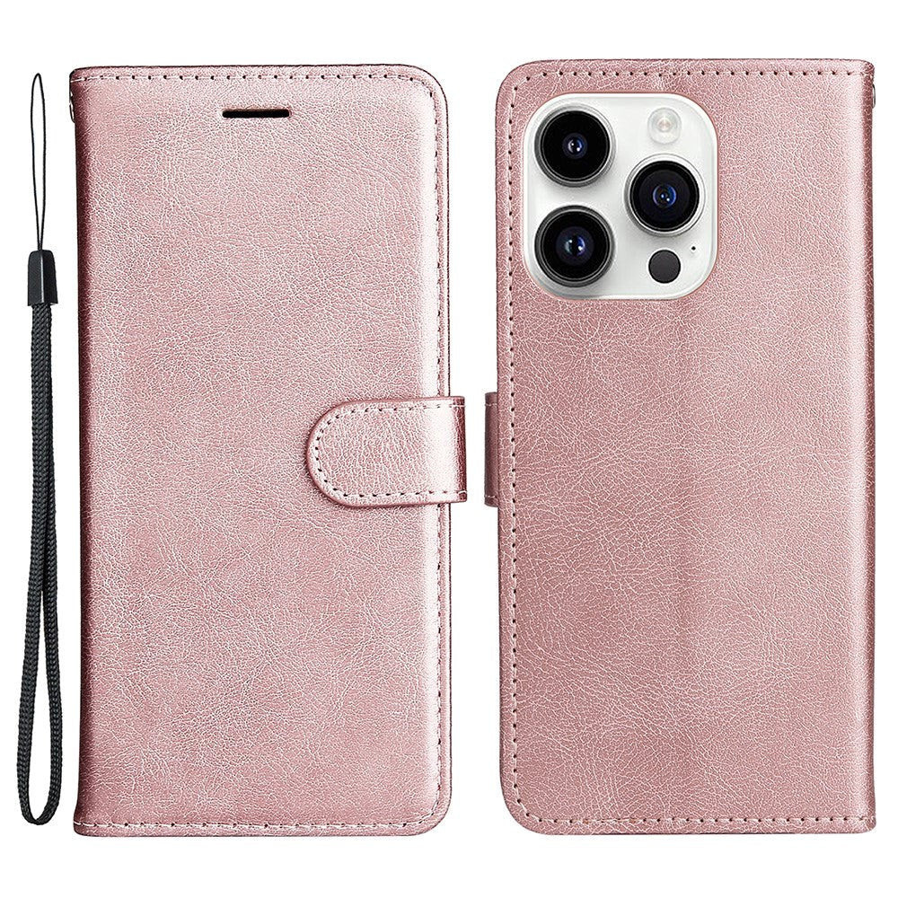 iPhone 15 Pro Leather Flip Case with Wallet and Strap and Wallet - Rose Gold