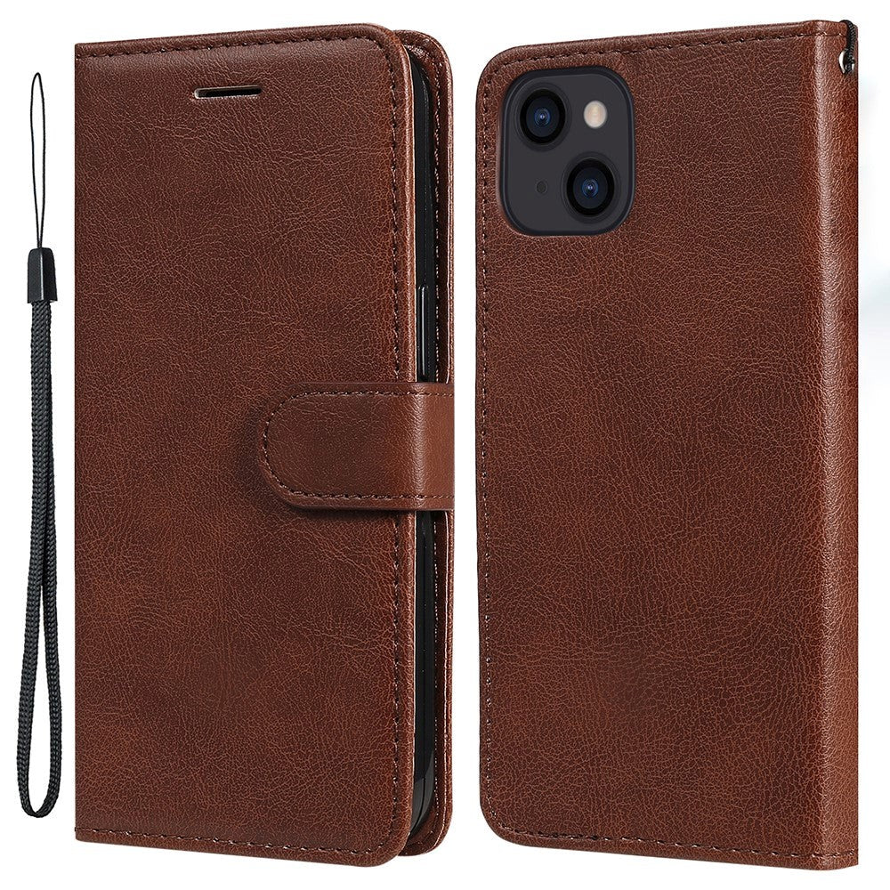 iPhone 15 Leather Flip Case with Wallet and Strap - Brown