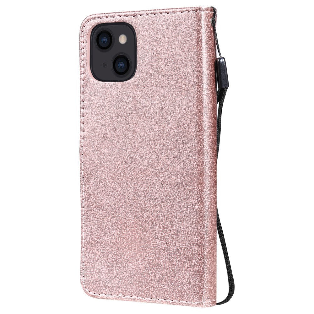 iPhone 15 Leather Flip Case with Wallet and Strap - Rose Gold