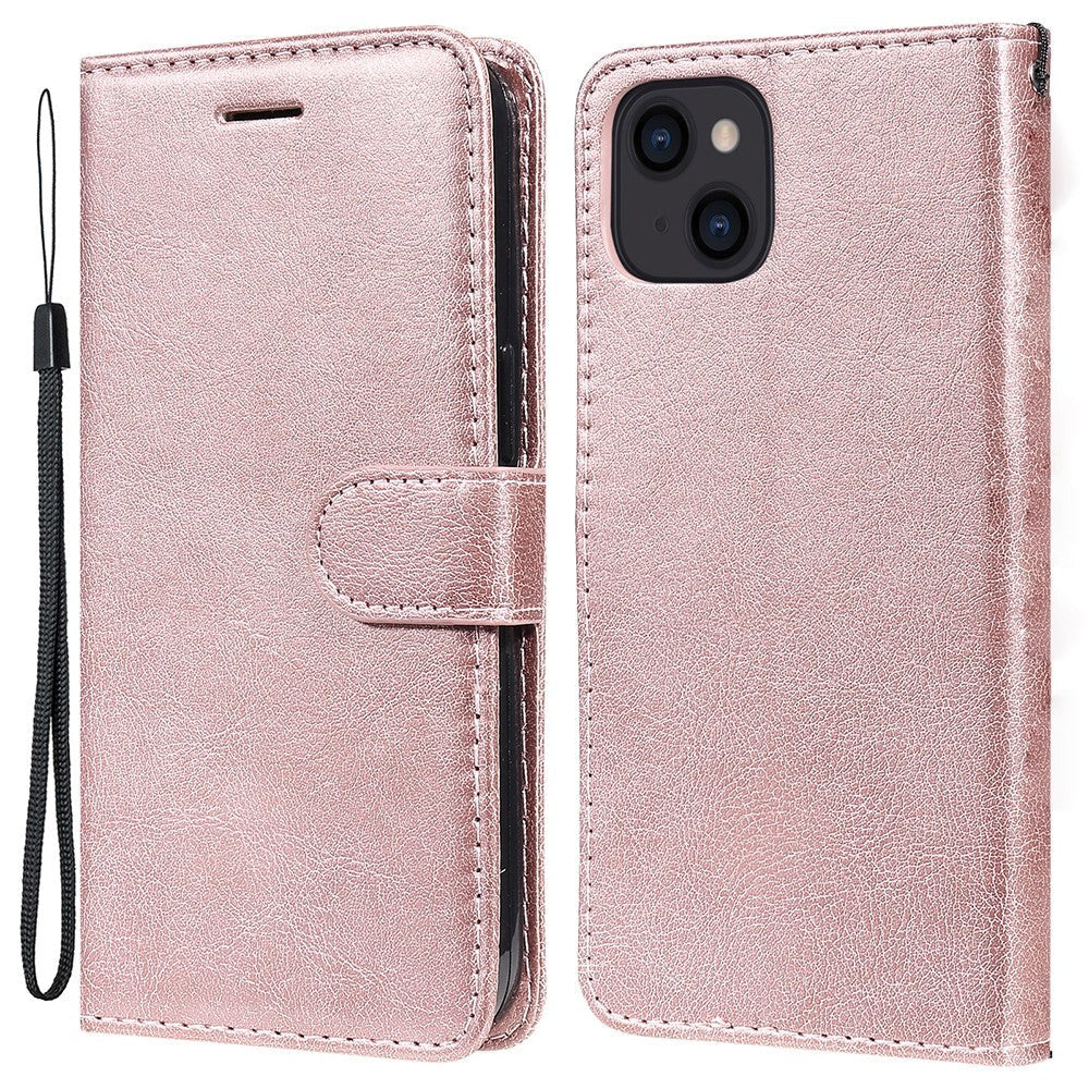 iPhone 15 Leather Flip Case with Wallet and Strap - Rose Gold