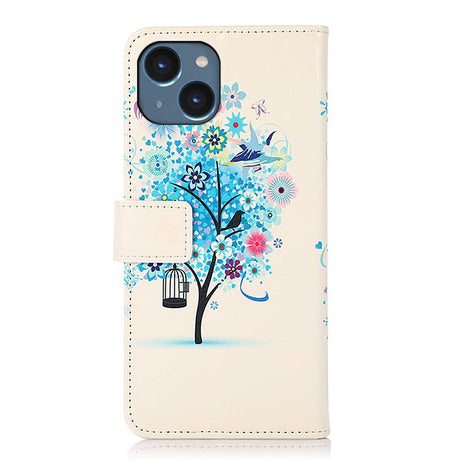 iPhone 15 Leather Case w. Wallet - Blue Tree