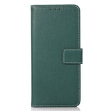 iPhone 15 Pro Litchi Leather Flip Cover w. White Stitches and Wallet - Green