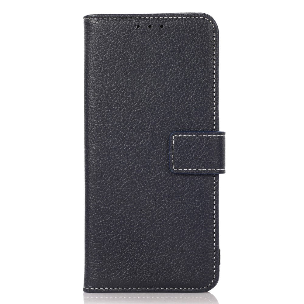 iPhone 15 Pro Litchi Leather Flip Cover w. White Stitches and Wallet - Dark Blue