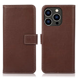 iPhone 15 Pro Litchi Leather Flip Cover w. White Stitches and Wallet - Brown