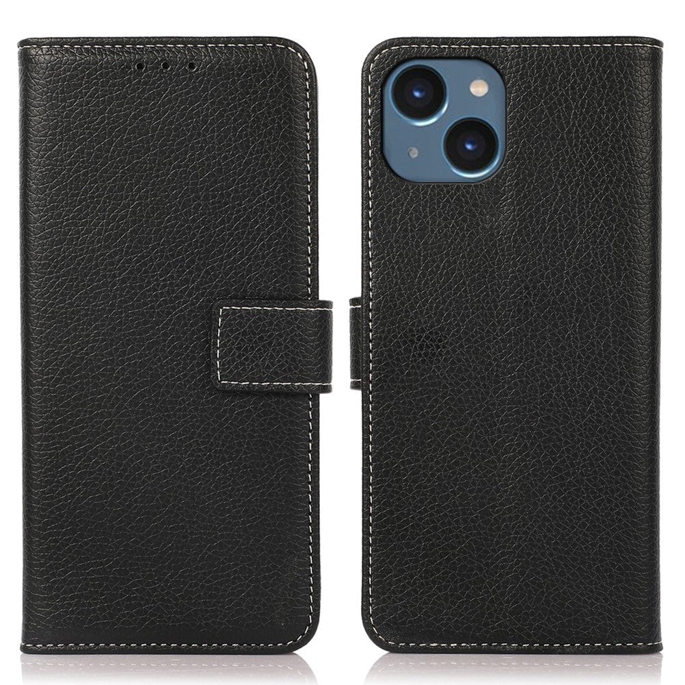 iPhone 15 Litchi Leather Flip Cover w. White Stitches and Wallet - Black