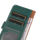 iPhone 15 Litchi Leather Flip Cover w. White Stitches and Wallet - Green