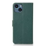 iPhone 15 Litchi Leather Flip Cover w. White Stitches and Wallet - Green